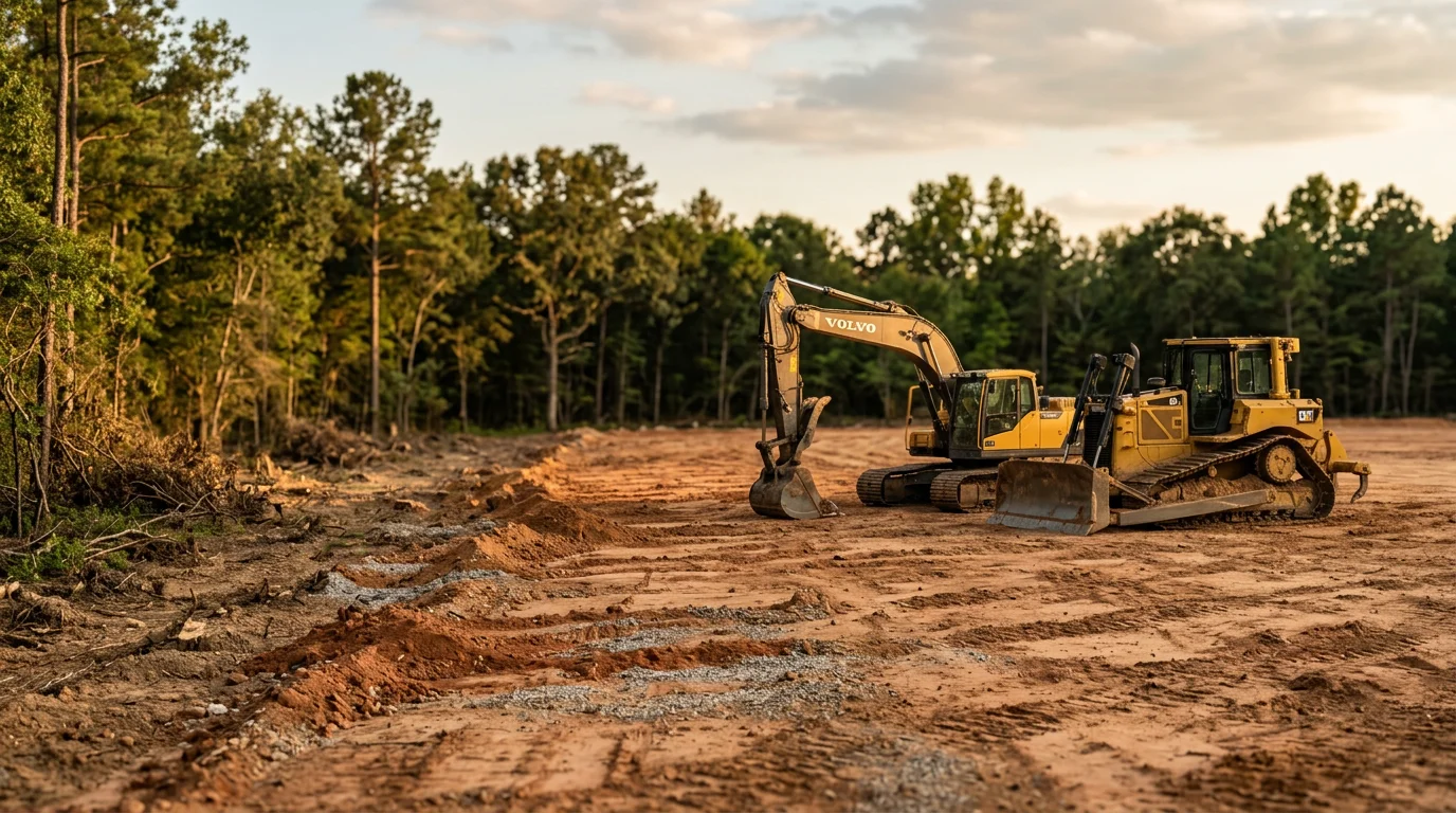 Cleared land and pond construction site in New Waverly, Texas