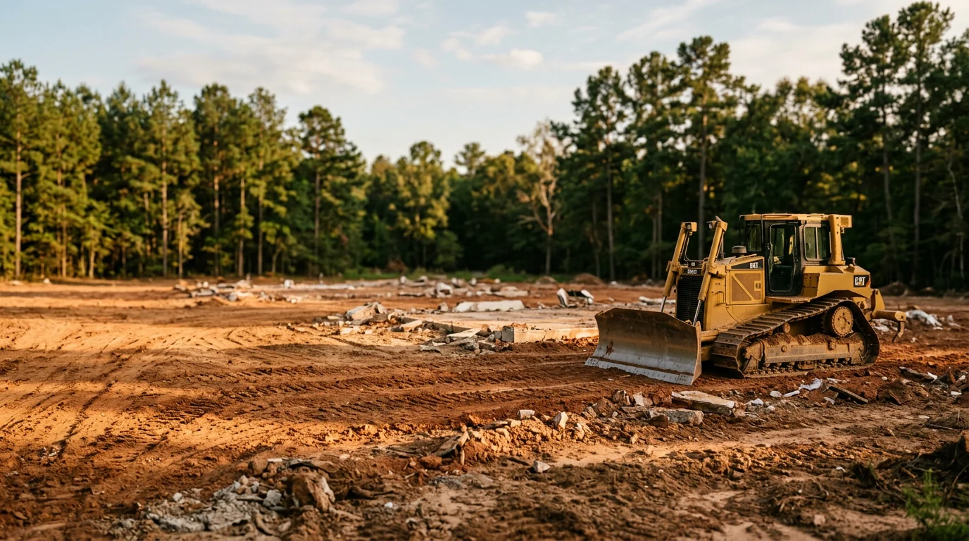 Demolition equipment clearing a construction site in New Waverly, Texas