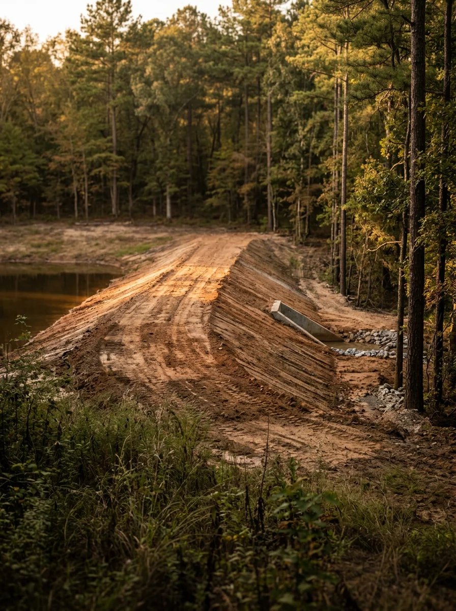 A newly constructed pond dam on a rural Coldspring-area property, showing compacted clay fill and a shaped spillway cut through the timbered East Texas landscape.