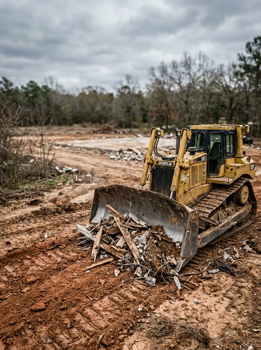 Demolition of an old rural structure on a Conroe-area property, with a dozer pushing debris and the cleared site visible behind it ready for grading.