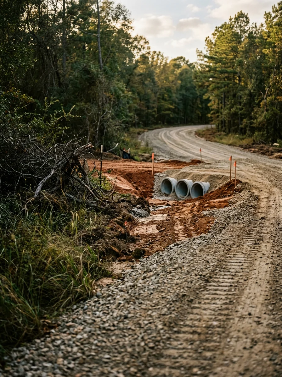 A gravel ranch road being cut through dense East Texas brush on a Huntsville-area rural property, with a culvert installation visible at a low drainage crossing.
