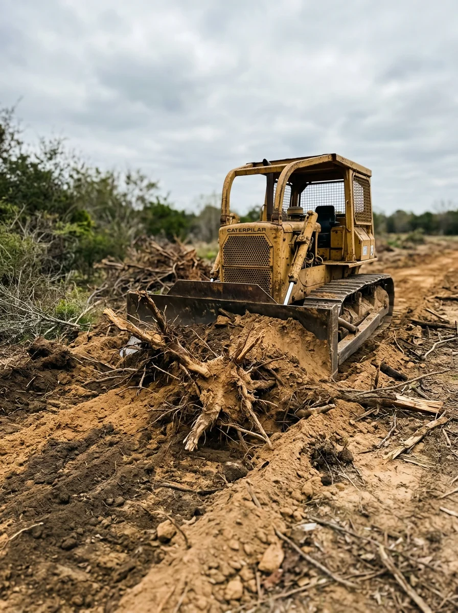 Dozer clearing of dense tap-root brush and hardwood timber on a Madisonville-area rural property, with grubbed root systems visible and the cleared site ready for grading.