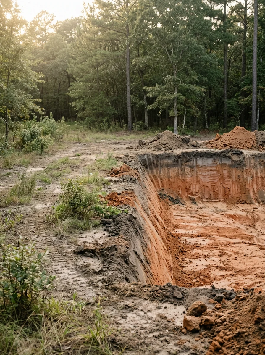 A freshly excavated pond basin on a New Waverly-area property, showing the clay subgrade layer exposed during construction on a timbered East Texas lot.