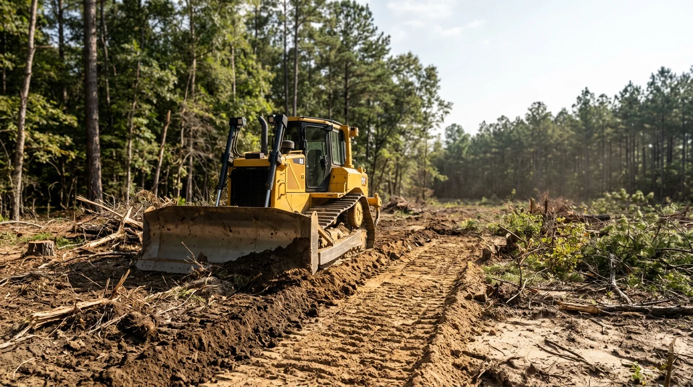 A dozer clearing dense pine and hardwood timber on a rural acreage tract in Walker County, Texas, with sandy loam soil visible where the blade has passed.