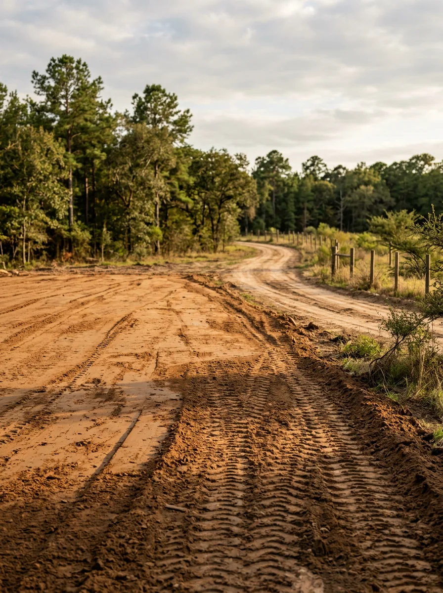 A freshly graded building pad on a Willis-area rural property, showing compacted soil ready for a metal building foundation with a cleared driveway approach visible.