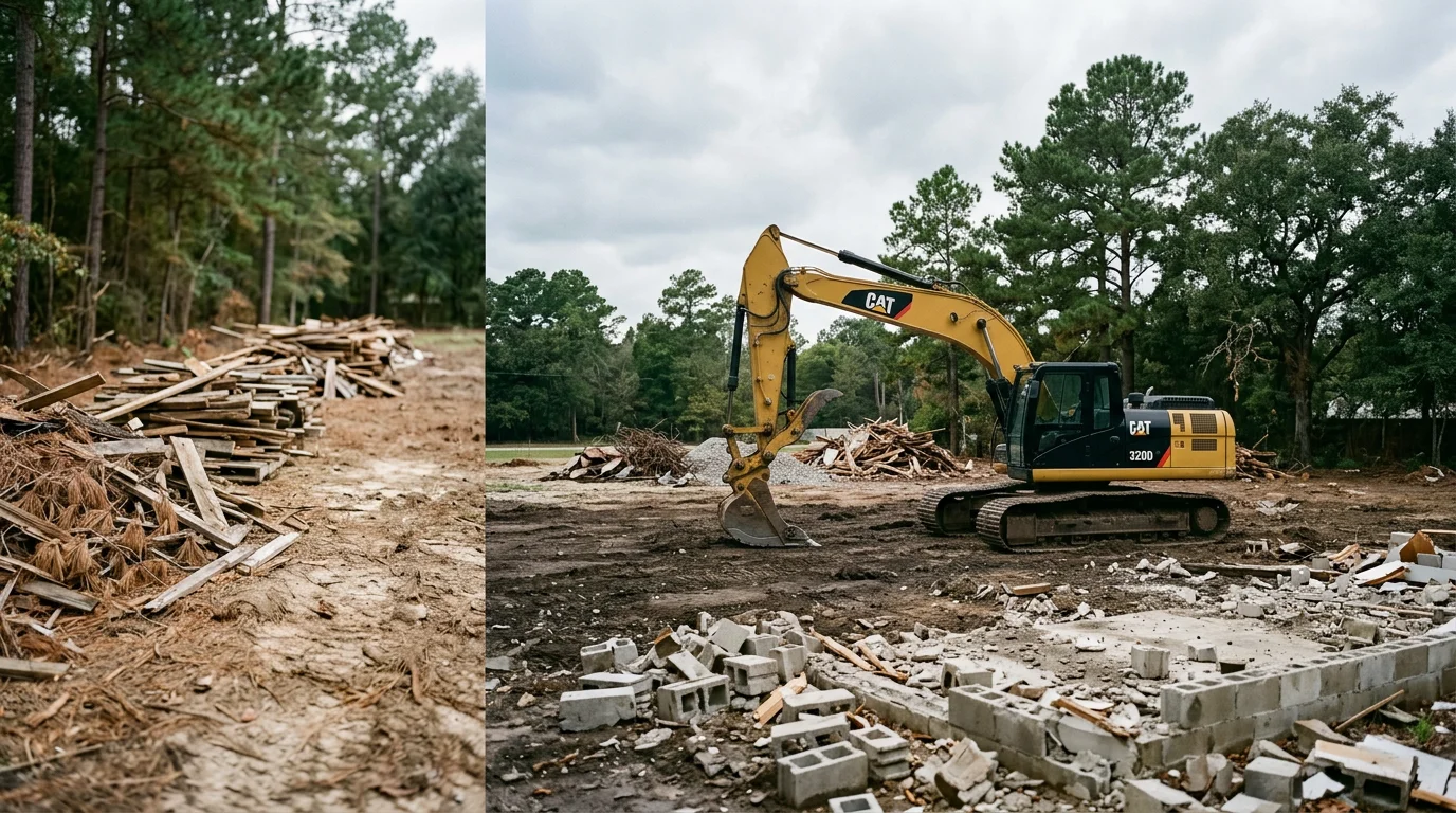 A wood-framed residential building being demolished on a cleared lot in New Waverly, Texas, with surrounding trees visible and debris contained on-site. T&R Construction Services crew managing a controlled building teardown in Walker County.