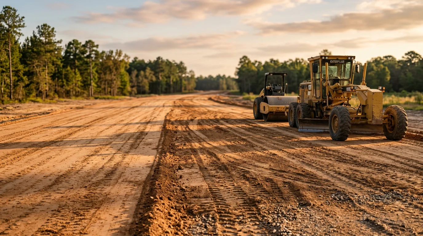 A graded and compacted commercial access road under construction on a development site in New Waverly, Texas. Heavy base material is visible along the road surface with cleared land and pine trees in the background.