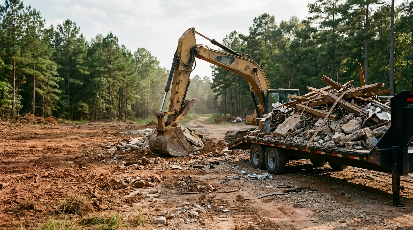 A cleared lot in New Waverly, Texas after debris removal, with concrete rubble and broken lumber loaded onto a haul truck. The surrounding ground is clean and ready for the next phase of site work.