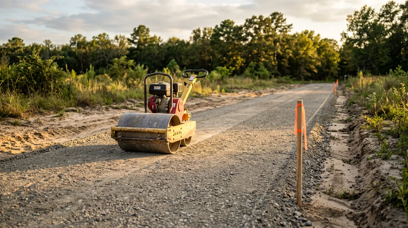 A newly constructed driveway on a rural property in New Waverly, Texas, with a compacted base surface and graded sides running toward a county road. The surrounding landscape shows the pine and hardwood timber typical of Walker County.