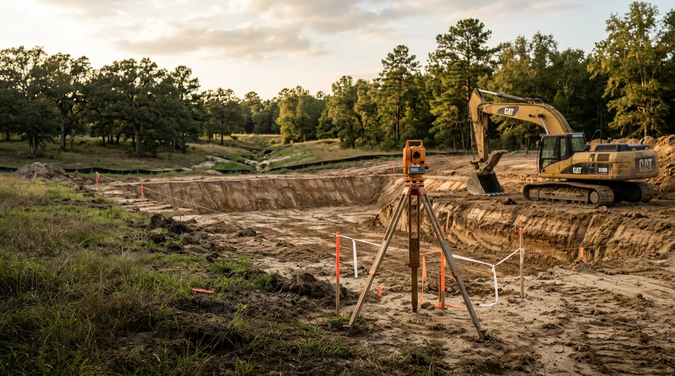A newly constructed private lake on a rural Walker County property near New Waverly, Texas, with a compacted earthen dam and graded shoreline surrounded by pine and hardwood timber.