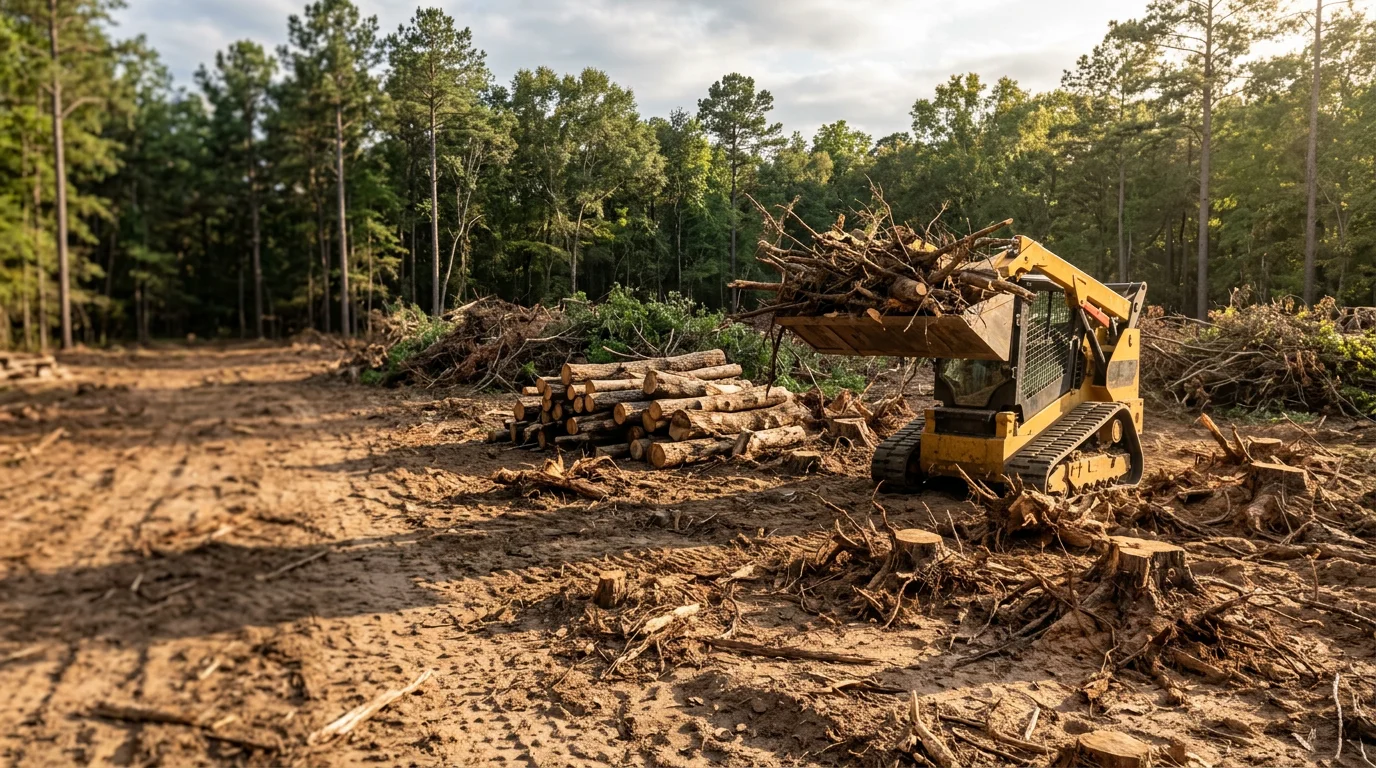 A New Waverly, Texas rural property after land clearing, showing open ground with pine stumps and removed underbrush on East Texas acreage. Heavy equipment tracks visible across sandy loam soil with cleared tree lines in the background.