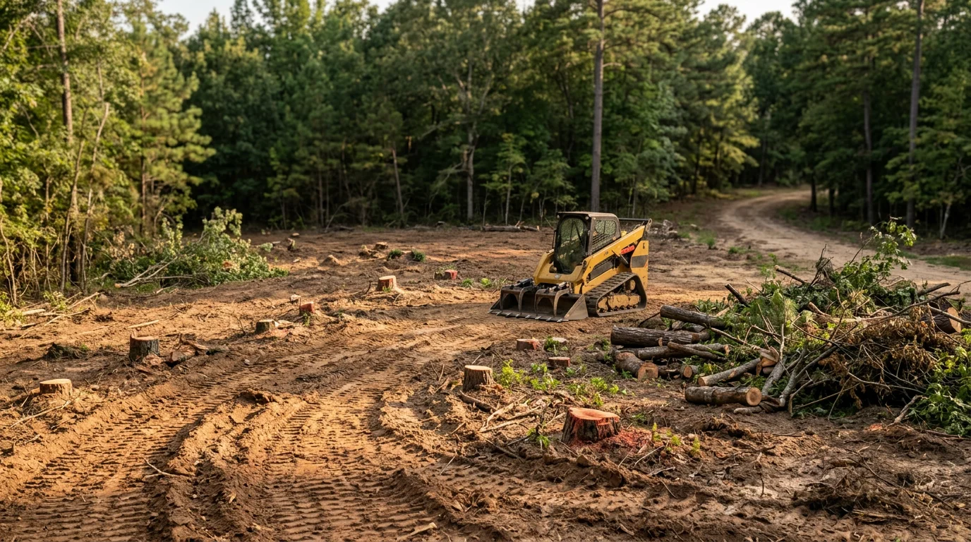 A cleared residential lot in New Waverly, Texas with stumps and brush removed, showing open ground ready for construction. Surrounding pine and hardwood trees mark the property boundary against a clear sky.