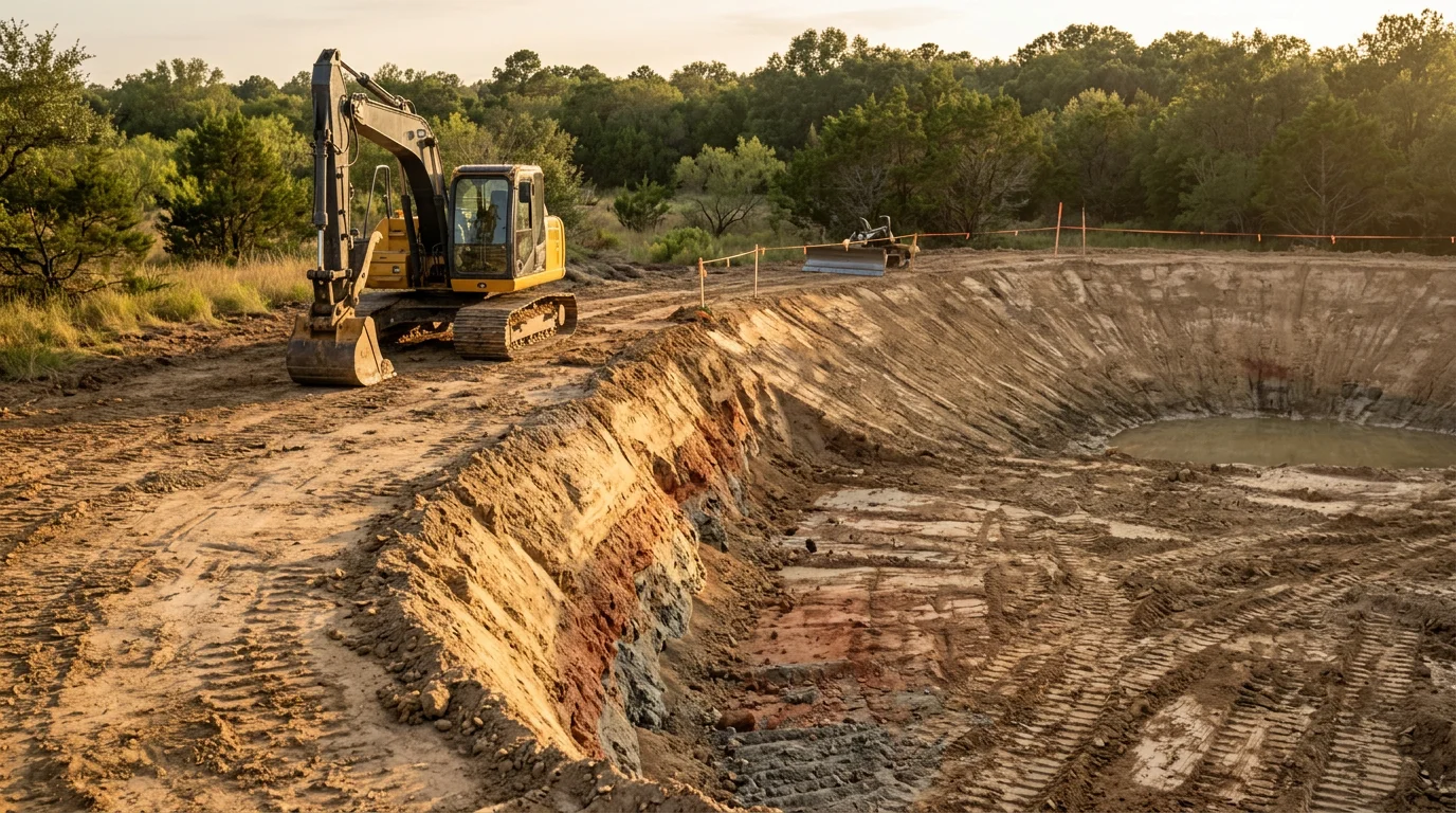 A newly constructed earthen pond on a rural Walker County property near New Waverly, Texas, with shaped clay banks and a graded dam visible against a backdrop of East Texas pine and hardwood timber.