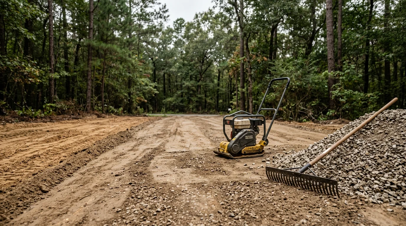 A freshly installed residential driveway on a rural property in New Waverly, Texas, with a compacted base surface extending from a county road through a wooded lot. The driveway shows clean graded edges and proper slope for drainage in the East Texas landscape.