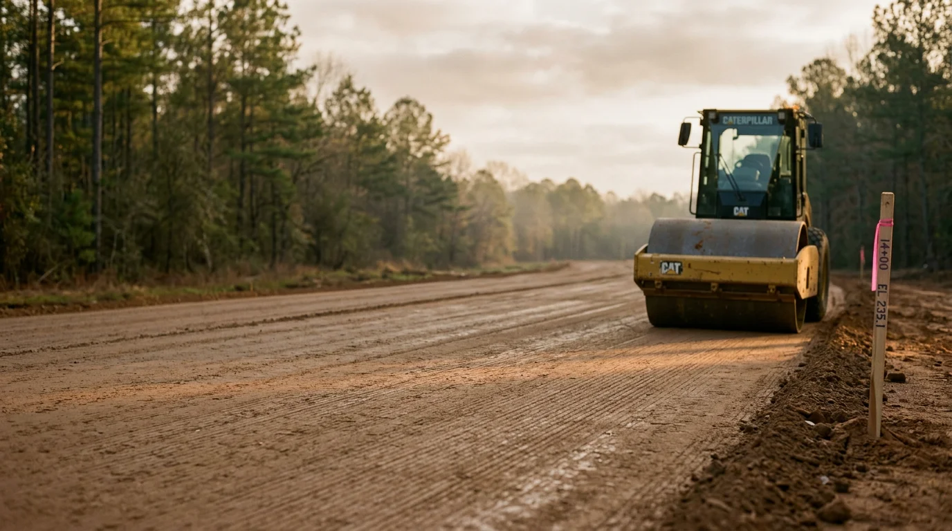 A freshly graded and compacted private road running through a pine-wooded property in New Waverly, Texas, with clear side ditching and a smooth gravel surface. The road extends toward a rural building site in Walker County.