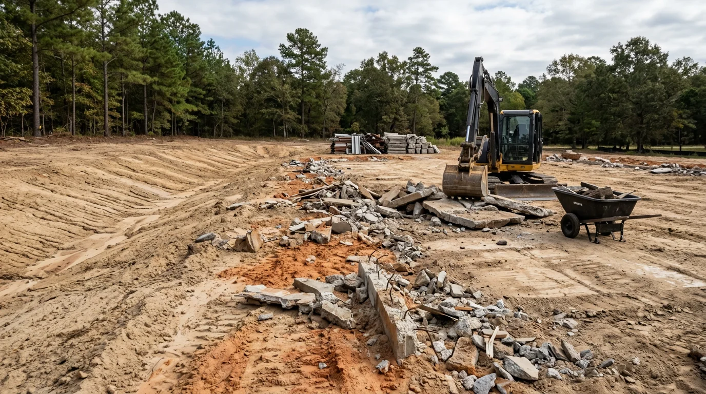 A cleared residential lot in New Waverly, Texas after site demolition, showing a level graded surface with old concrete slab and footing material removed. The surrounding East Texas pine tree line is visible at the property edge.