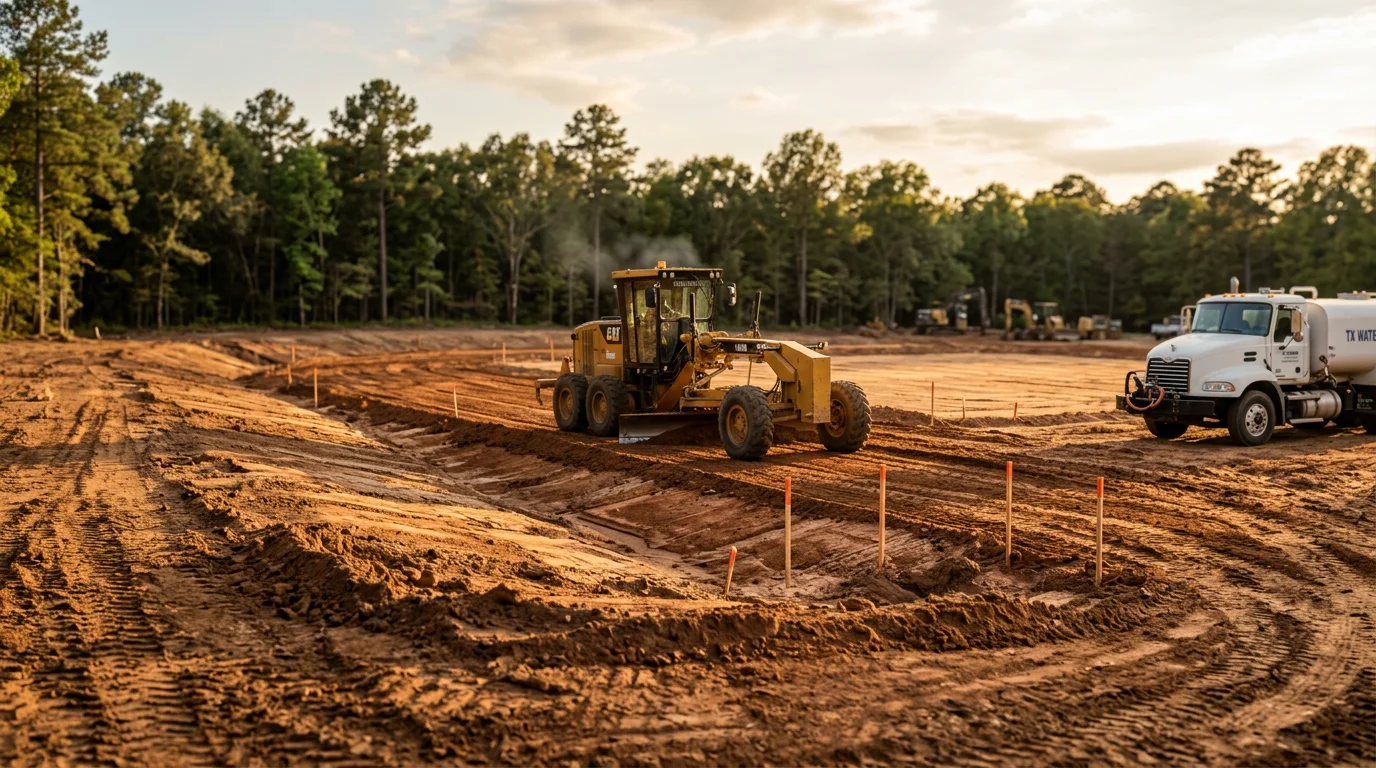 A graded construction site in New Waverly, Texas showing smooth, compacted soil shaped with a consistent slope away from a building pad. Heavy equipment tracks are visible across the leveled earth, with surrounding pine trees in the background typical of the Walker County area.
