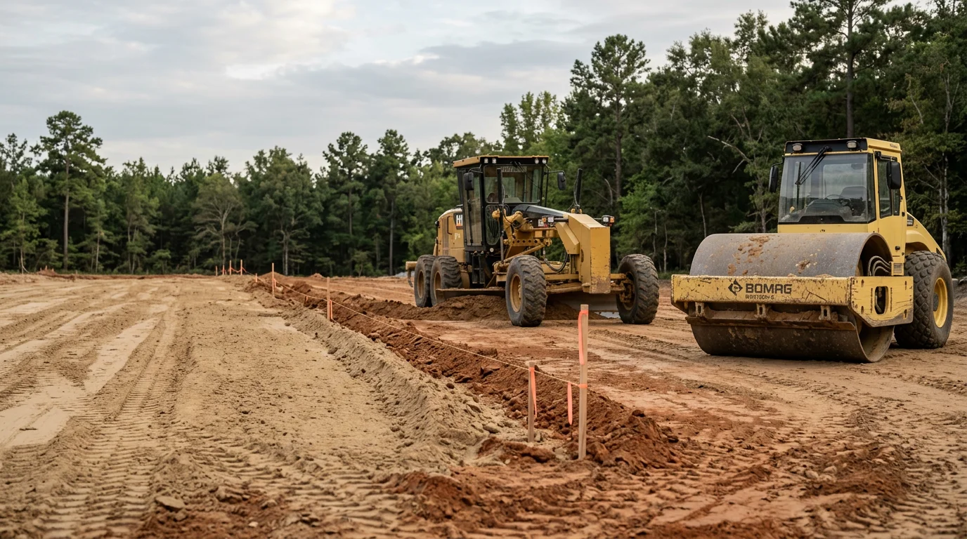 A graded and compacted building site on a rural property in New Waverly, Texas, with leveled soil ready for foundation work. Heavy equipment tracks are visible across the prepared ground, and the surrounding tree line reflects the wooded Walker County landscape.