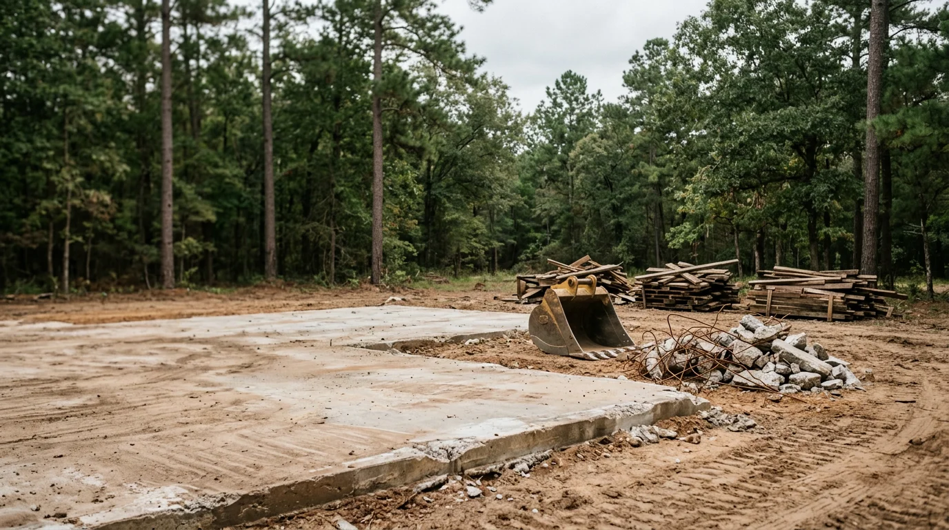 A cleared rural lot in New Waverly, Texas after an old barn and concrete slab have been fully removed by T&R Construction Services. The site shows bare ground ready for new construction on a wooded acreage property.